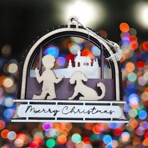 3D Layered Wood Christmas Ornament – Boy & Dog Scene, “Merry Christmas”